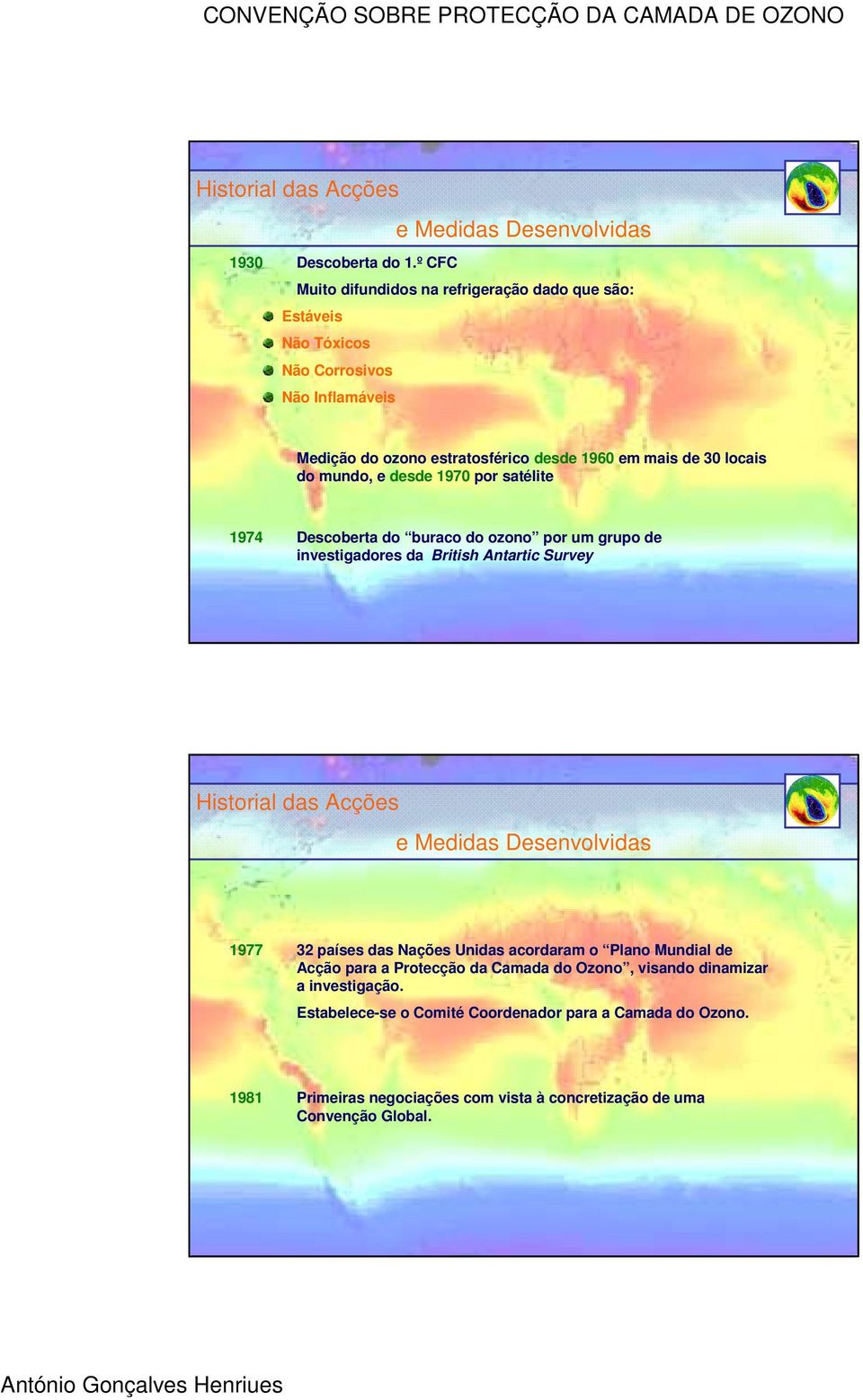 em mais de 30 locais do mundo, e desde 1970 por satélite 1974 Descoberta do buraco do ozono por um grupo de investigadores da British Antartic
