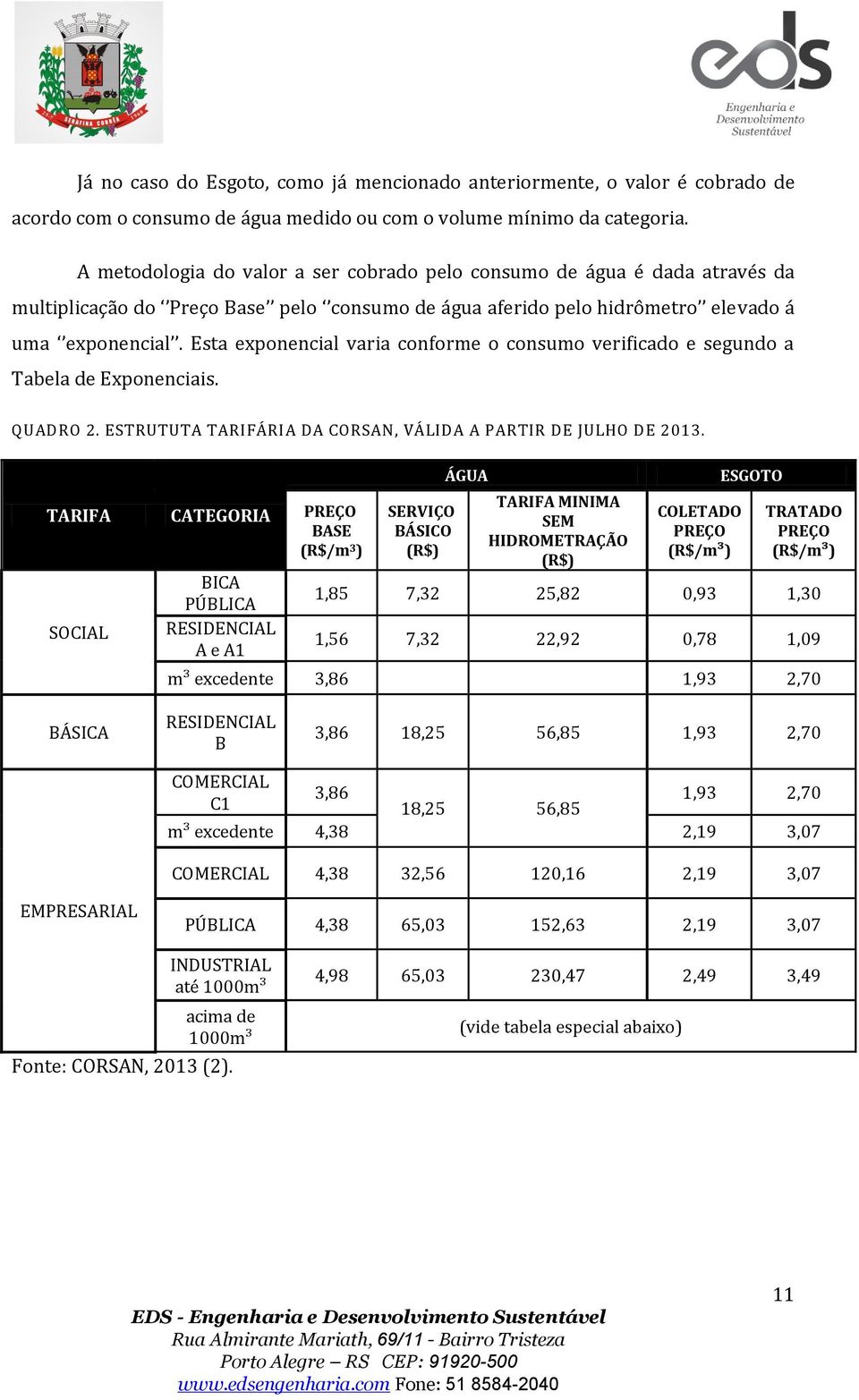 Esta exponencial varia conforme o consumo verificado e segundo a Tabela de Exponenciais. QUADRO 2. ESTRUTUTA TARIFÁRIA DA CORSAN, VÁLIDA A PARTIR DE JULHO DE 2013.