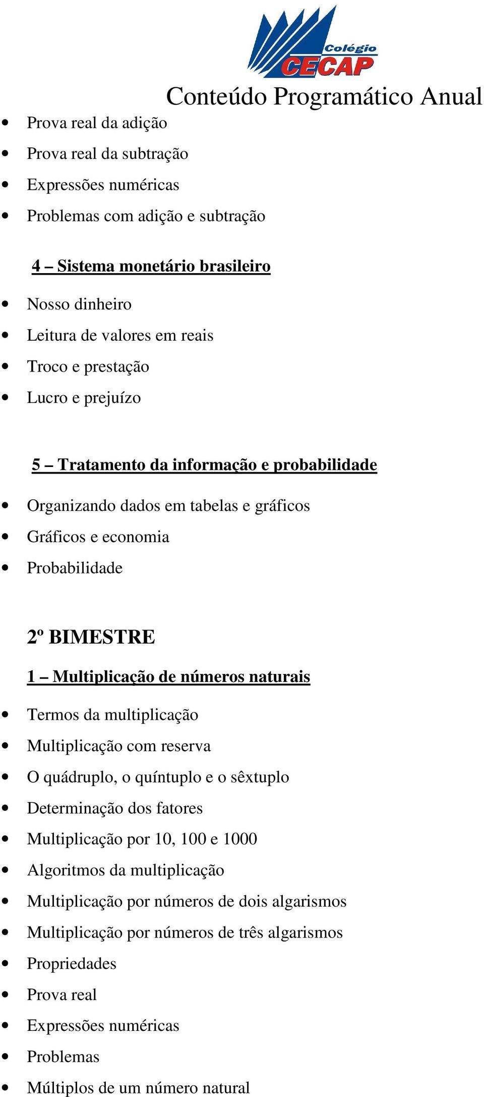 números naturais Termos da multiplicação Multiplicação com reserva O quádruplo, o quíntuplo e o sêxtuplo Determinação dos fatores Multiplicação por 10, 100 e 1000 Algoritmos da