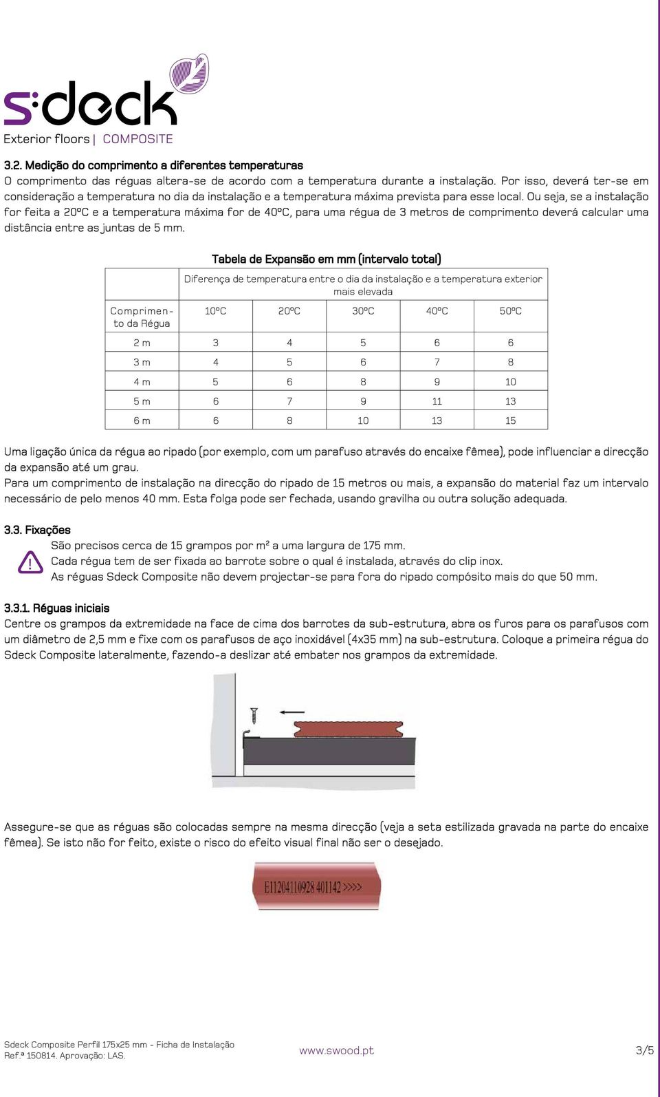 Ou seja, se a instalação for feita a 20ºC e a temperatura máxima for de 40ºC, para uma régua de 3 metros de comprimento deverá calcular uma distância entre as juntas de 5 mm.