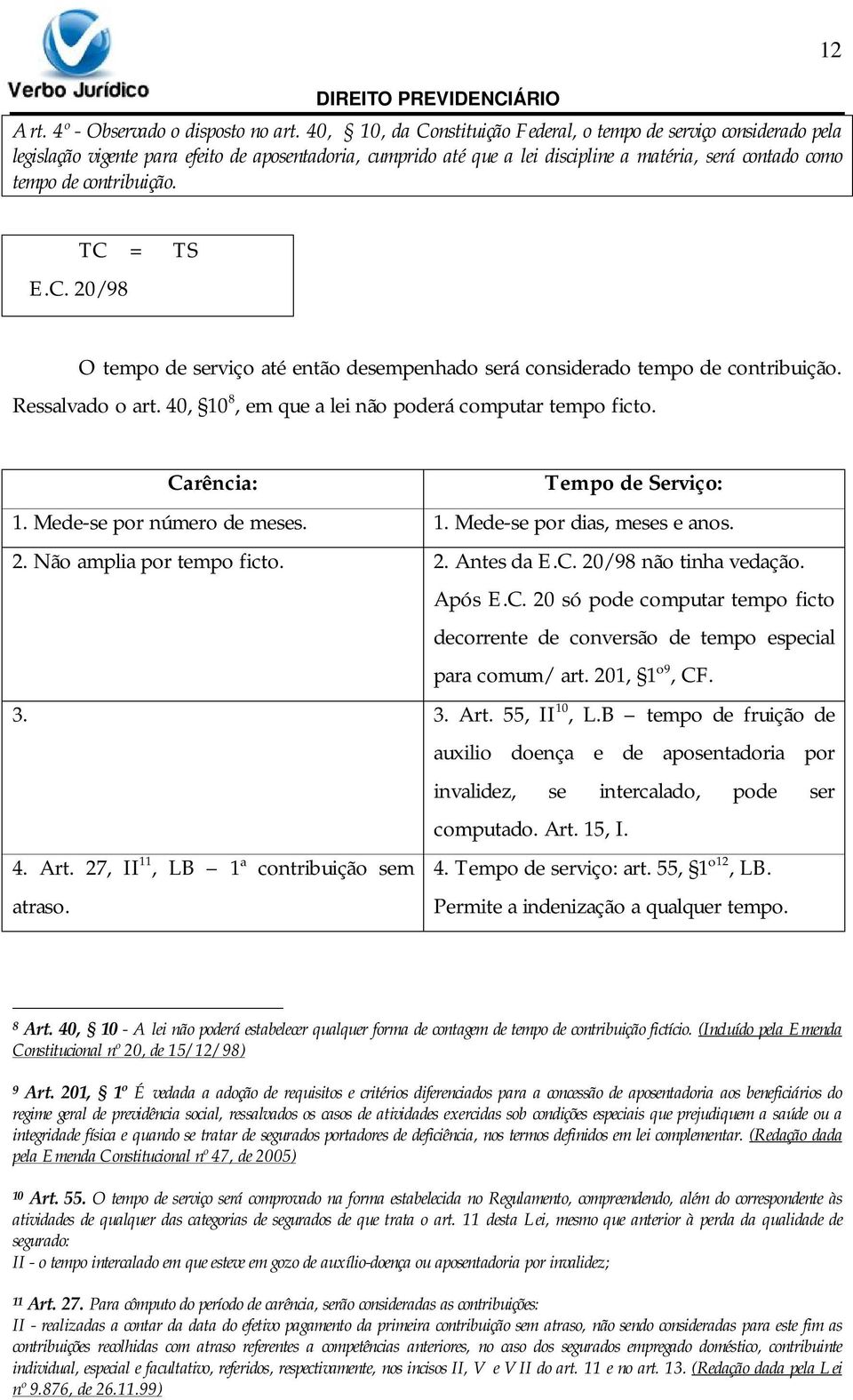 contribuição. 12 E.C. 20/98 TC = TS O tempo de serviço até então desempenhado será considerado tempo de contribuição. Ressalvado o art. 40, 10 8, em que a lei não poderá computar tempo ficto.