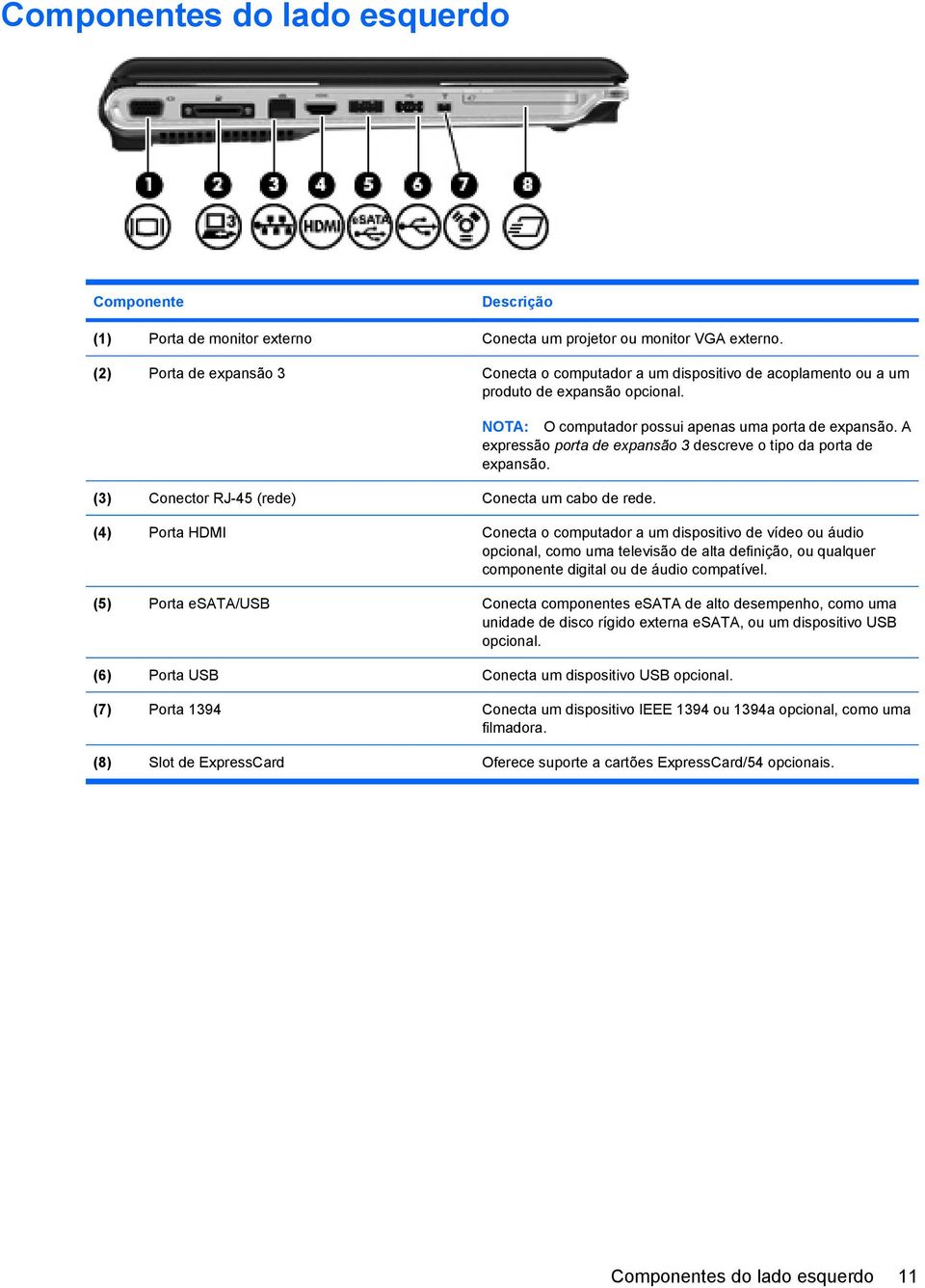 NOTA: O computador possui apenas uma porta de expansão. A expressão porta de expansão 3 descreve o tipo da porta de expansão.