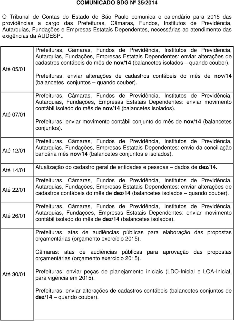 . Até 05/01 Até 07/01 Até 12/01 Até 14/01 Até 22/01 Até 26/01 cadastros contábeis do mês de nov/14 (balancetes isolados quando couber).