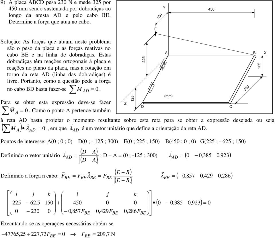 stas X dbradiças têm reações rtgnais à placa e reações n plan da placa, mas a rtaçã em trn da reta (linha das dbradiças) é livre. Prtant, cm a questã pede a frça n cab basta fazer-se M =.