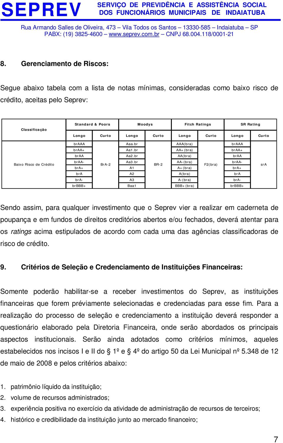 braabra+ A1 A+(bra) bra+ bra A2 A(bra) bra bra- A3 A-(bra) brabrbbb+ Baa1 BBB+(bra) brbbb+ sra Sendo assim, para qualquer investimento que o Seprev vier a realizar em caderneta de poupança e em