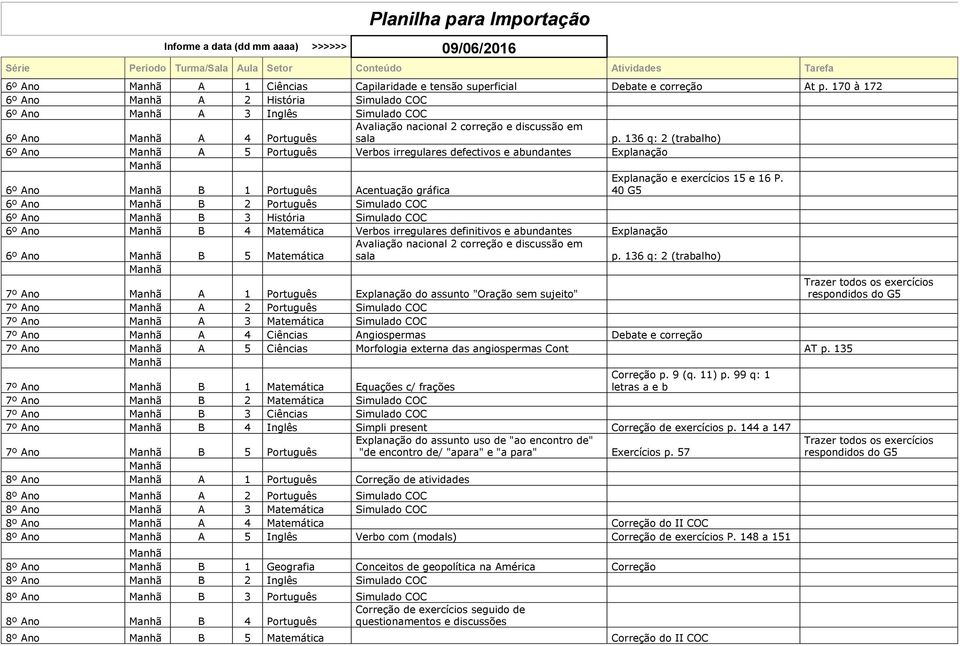 136 q: 2 (trabalho) 6º Ano A 5 Português Verbos irregulares defectivos e abundantes Explanação 6º Ano B 1 Português Acentuação gráfica Explanação e exercícios 15 e 16 P.