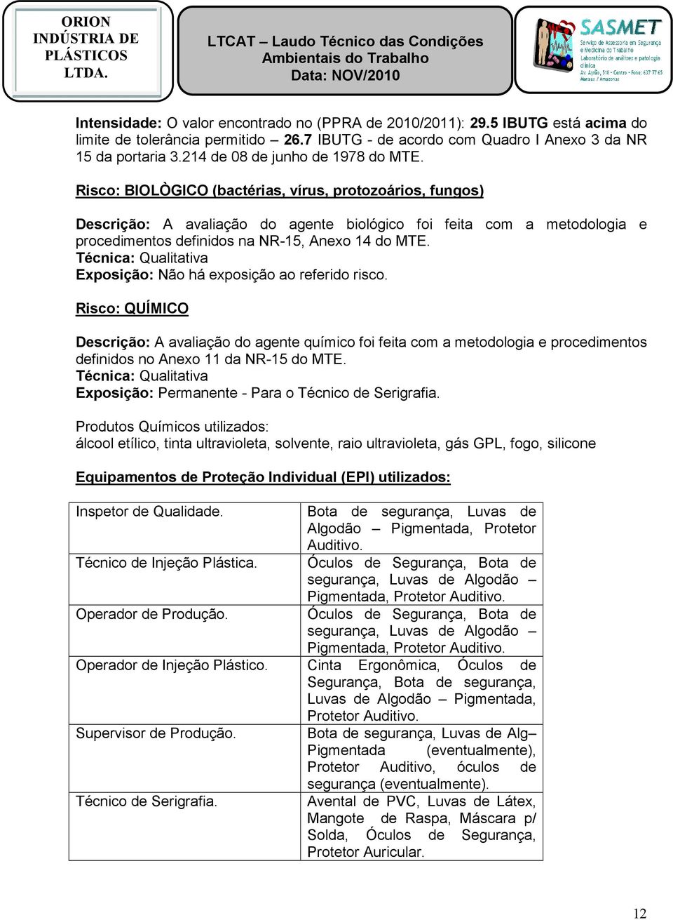 Risco: BIOLÒGICO (bactérias, vírus, protozoários, fungos) Descrição: A avaliação do agente biológico foi feita com a metodologia e procedimentos definidos na NR-15, Anexo 14 do MTE.