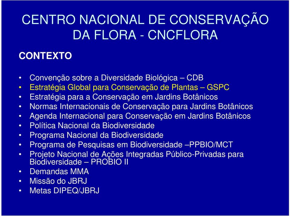 Internacional para Conservação em Jardins Botânicos Política Nacional da Biodiversidade Programa Nacional da Biodiversidade Programa de