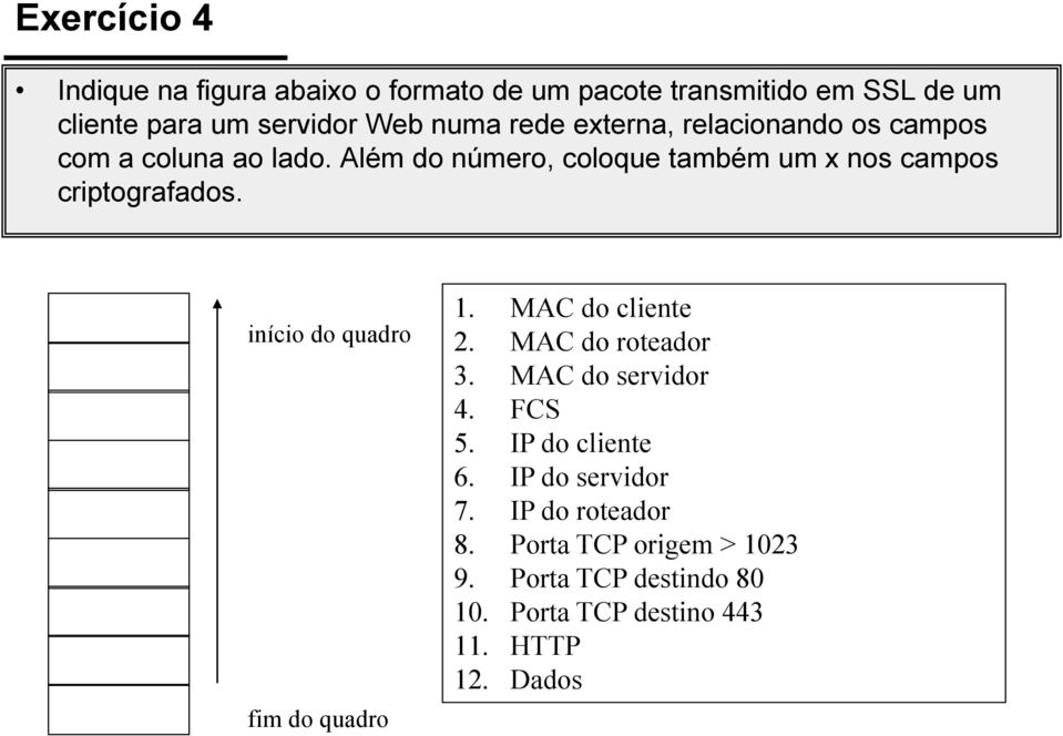 início do quadro fim do quadro 1. MAC do cliente 2. MAC do roteador 3. MAC do servidor 4. FCS 5. IP do cliente 6.