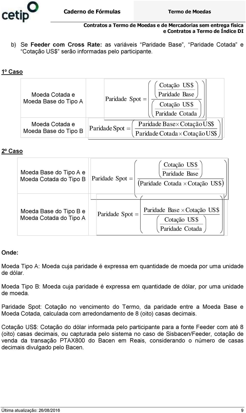 Cotada Cotação US$ 2º Caso Moeda Base do Tipo A e Moeda Cotada do Tipo B Moeda Base do Tipo B e Moeda Cotada do Tipo A Cotação US$ Paridade Base Paridade Spot Paridade Cotada Cotação US$ Paridade