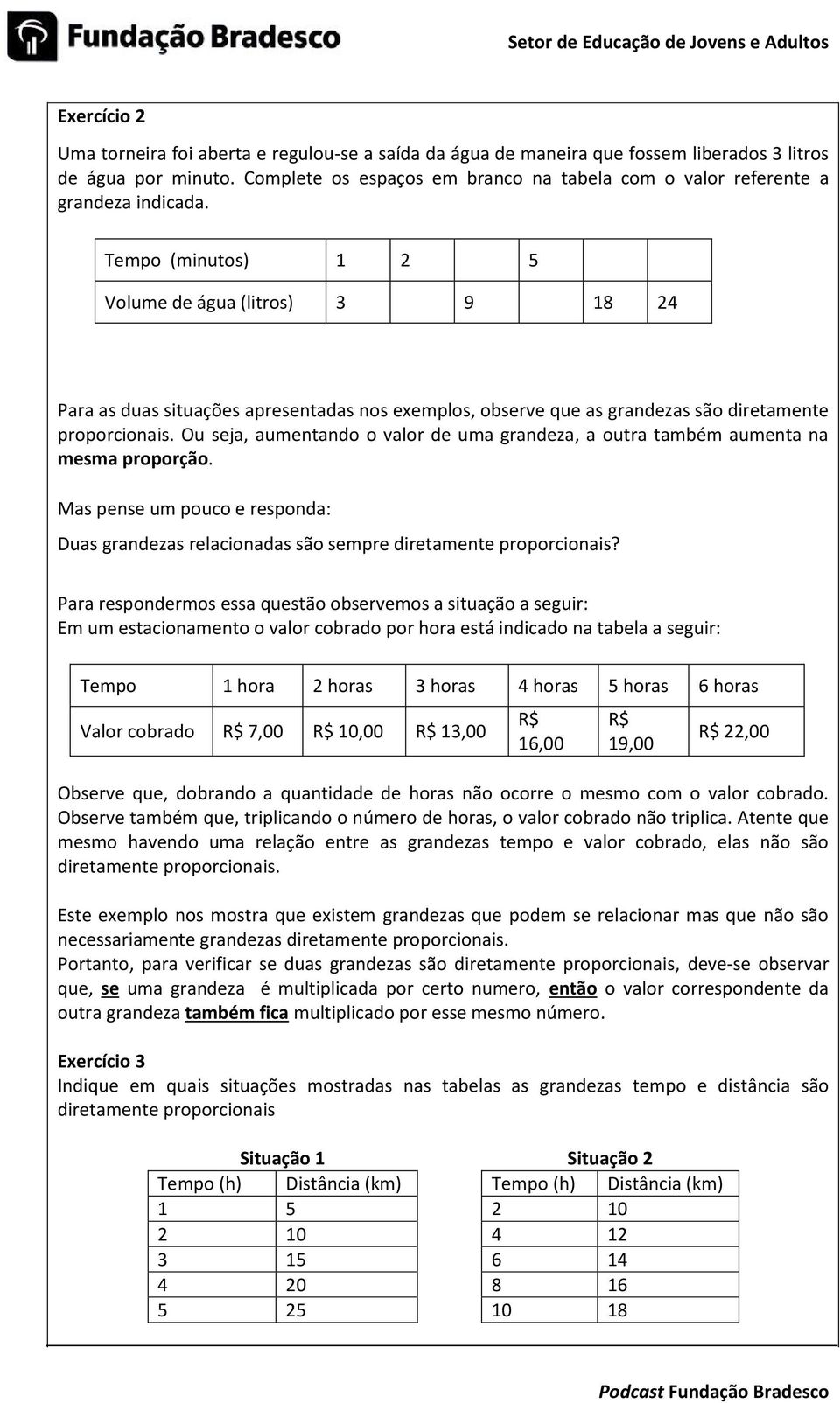 Tempo (minutos) 1 2 5 Volume de água (litros) 3 9 18 24 Para as duas situações apresentadas nos exemplos, observe que as grandezas são diretamente proporcionais.