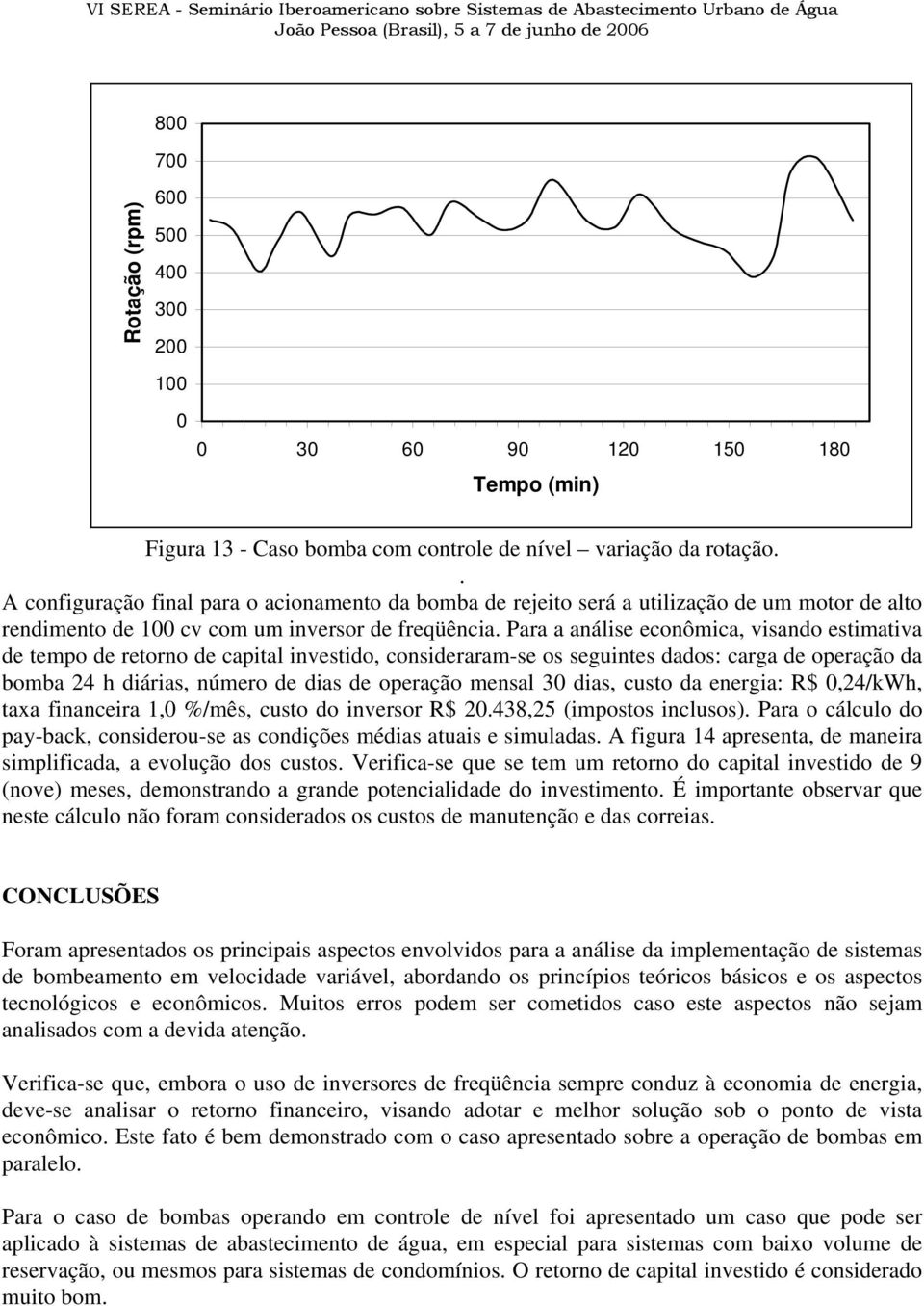 Para a análise econômica, visando estimativa de tempo de retorno de capital investido, consideraram-se os seguintes dados: carga de operação da bomba 4 h diárias, número de dias de operação mensal 3