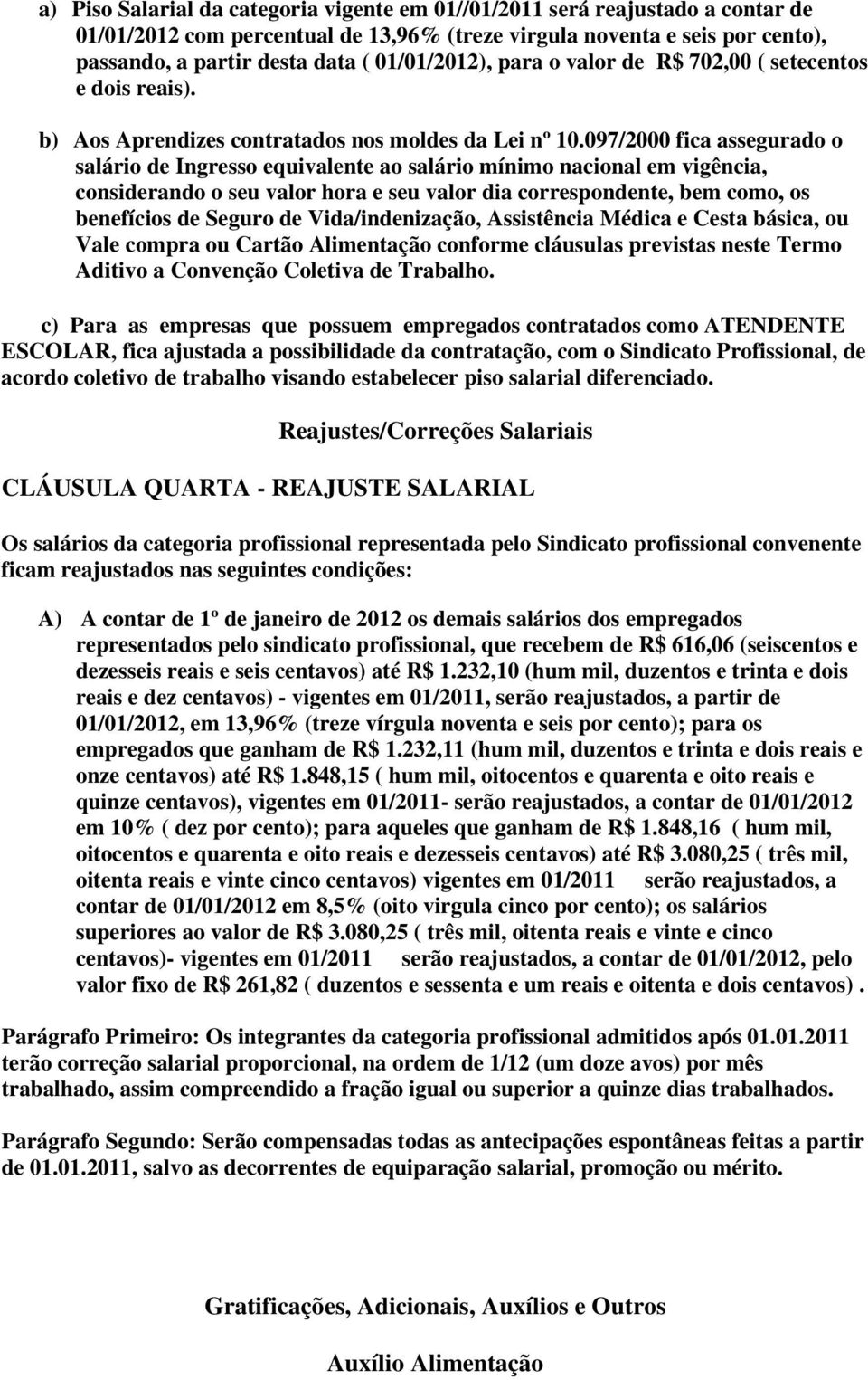 097/2000 fica assegurado o salário de Ingresso equivalente ao salário mínimo nacional em vigência, considerando o seu valor hora e seu valor dia correspondente, bem como, os benefícios de Seguro de