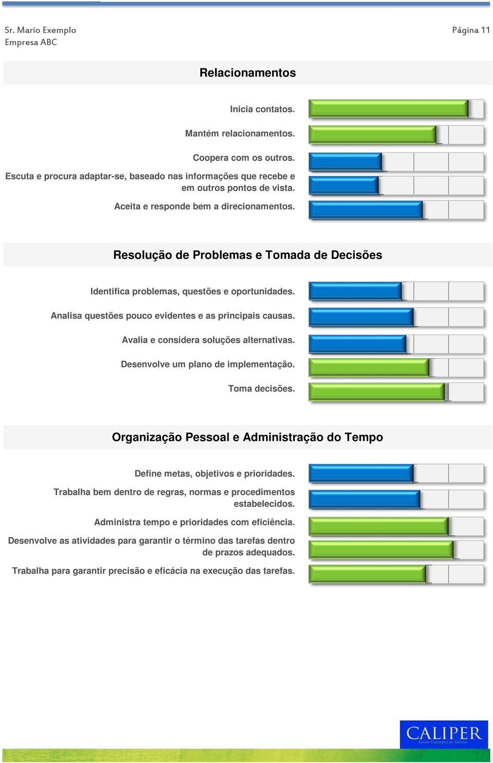 Avalia e considera soluções alternativas. Desenvolve um plano de implementação. Toma decisões. Organização Pessoal e Administração do Tempo Define metas, objetivos e prioridades.