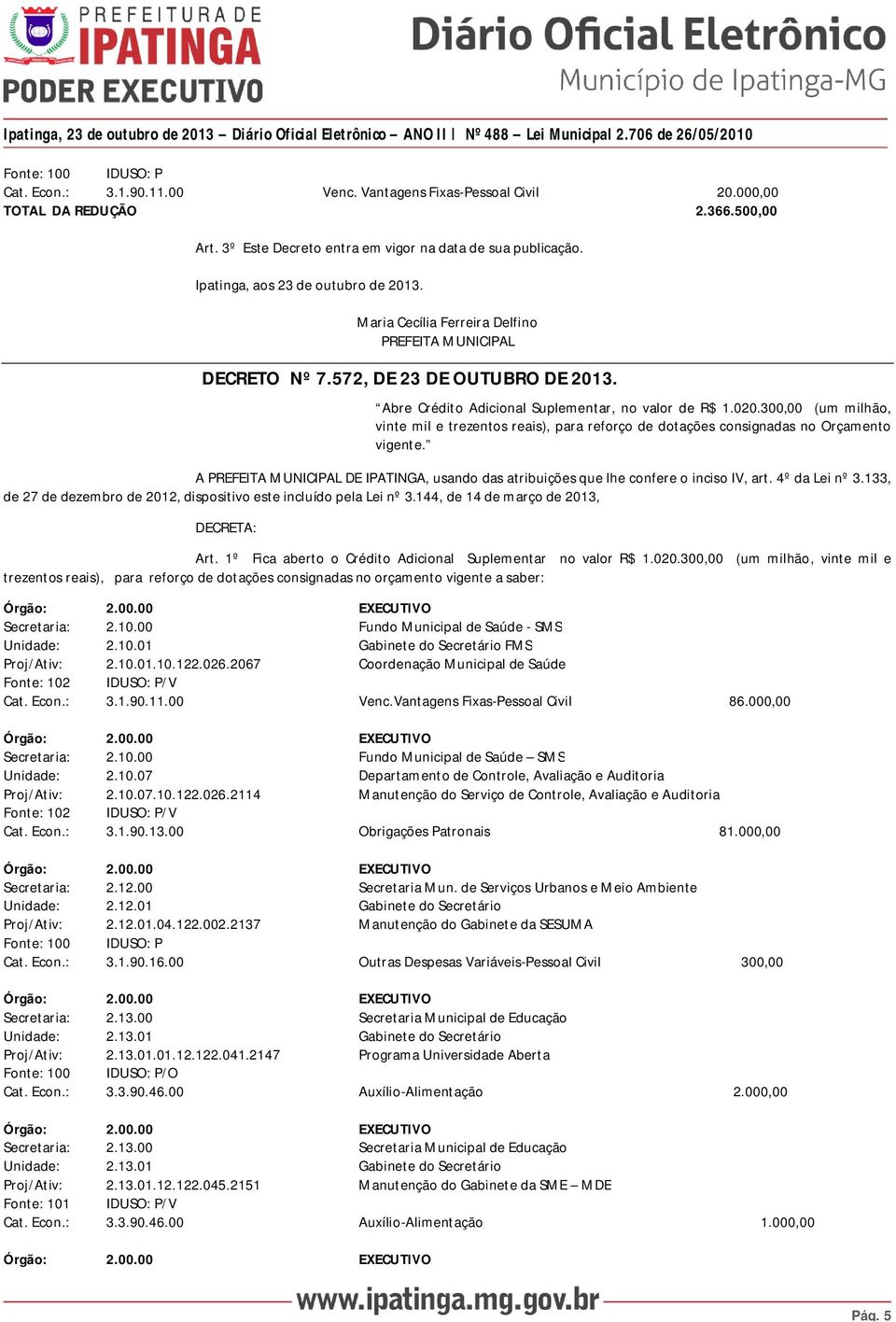 300,00 (um milhão, vinte mil e trezentos reais), para reforço de dotações consignadas no Orçamento vigente. A PREFEITA MUNICIPAL DE IPATINGA, usando das atribuições que lhe confere o inciso IV, art.