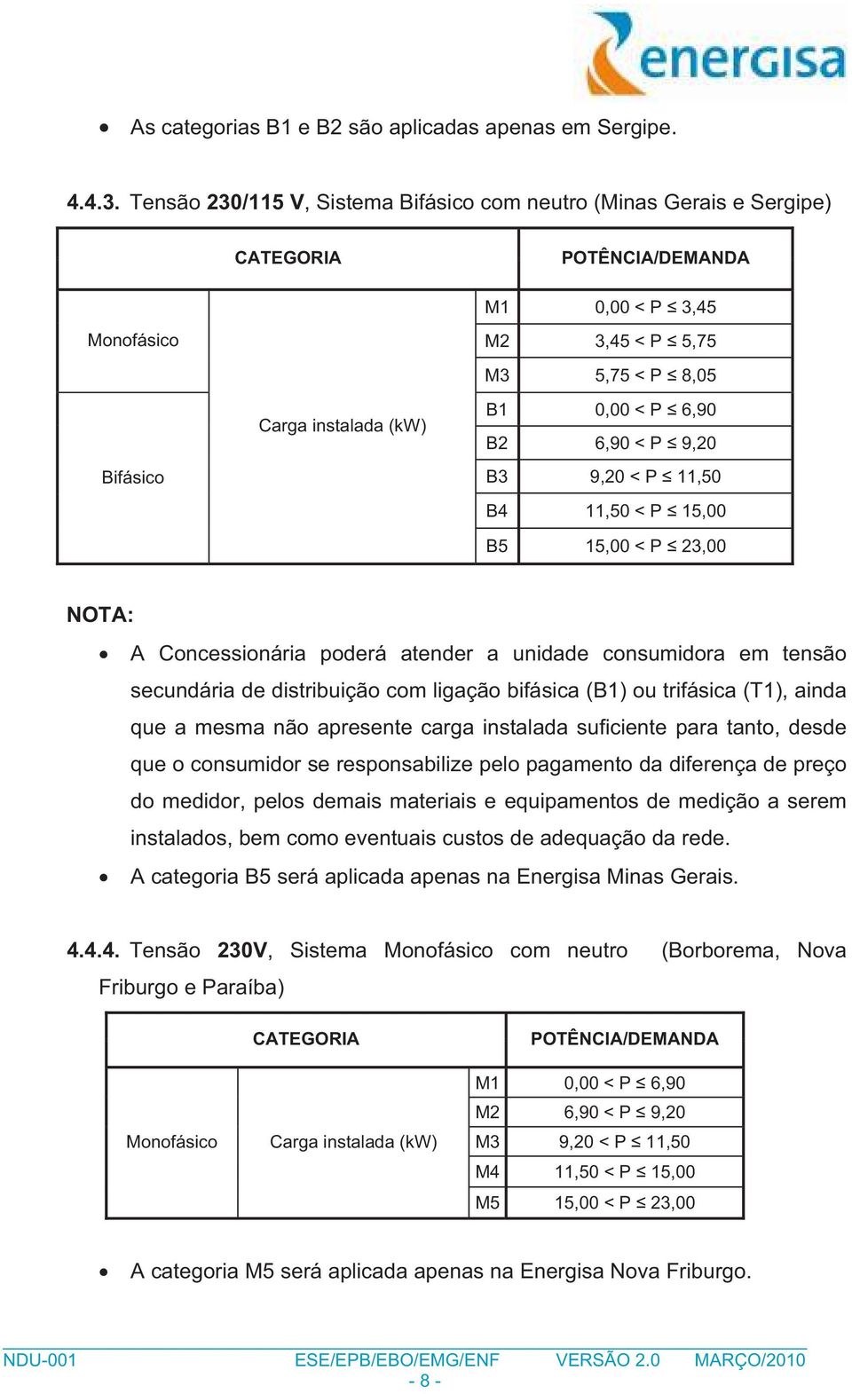 P 6,90 B2 6,90 < P 9,20 B3 9,20 < P 11,50 B4 11,50 < P 15,00 B5 15,00 < P 23,00 NOTA: A Concessionária poderá atender a unidade consumidora em tensão secundária de distribuição com ligação bifásica