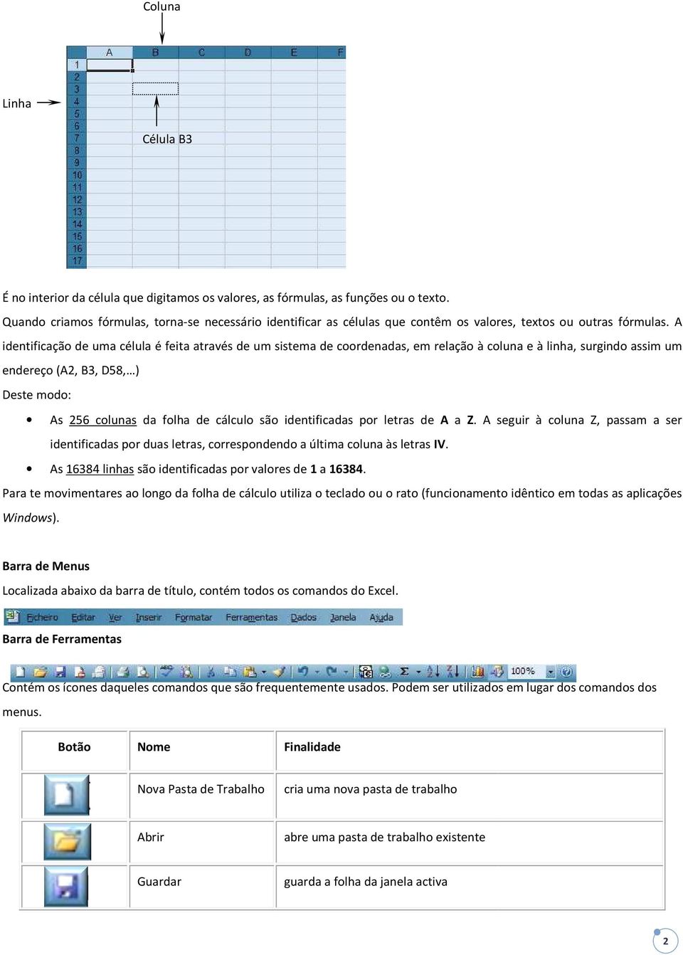 A identificação de uma célula é feita através de um sistema de coordenadas, em relação à coluna e à linha, surgindo assim um endereço (A2, B3, D58, ) Deste modo: As 256 colunas da folha de cálculo