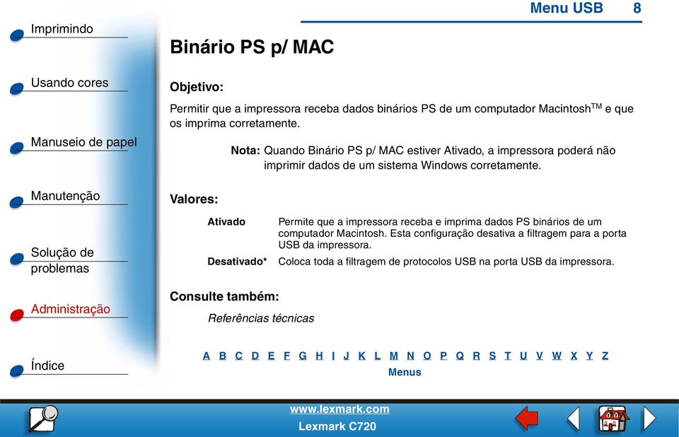 Nota: Quando Binário PS p/ MAC estiver Ativado, a impressora poderá não imprimir dados de um sistema Windows  Ativado Desativado*