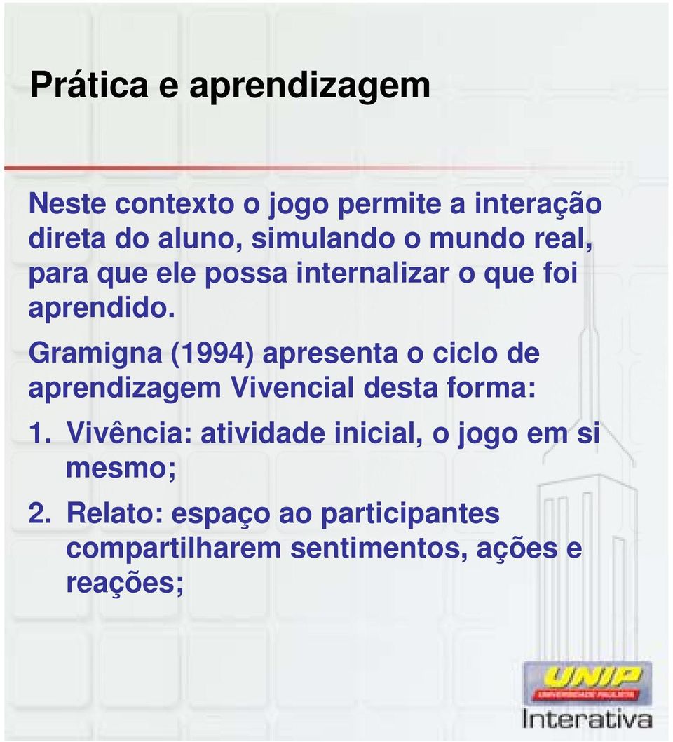 Gramigna (1994) apresenta o ciclo de aprendizagem Vivencial desta forma: 1.
