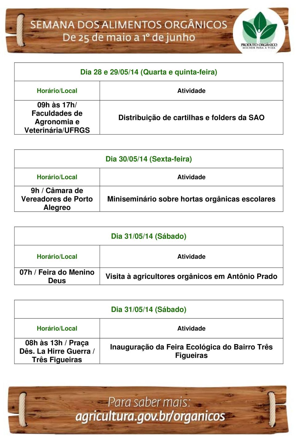 hortas orgânicas escolares Dia 31/05/14 (Sábado) 07h / Feira do Menino Visita à agricultores orgânicos em Antônio Prado