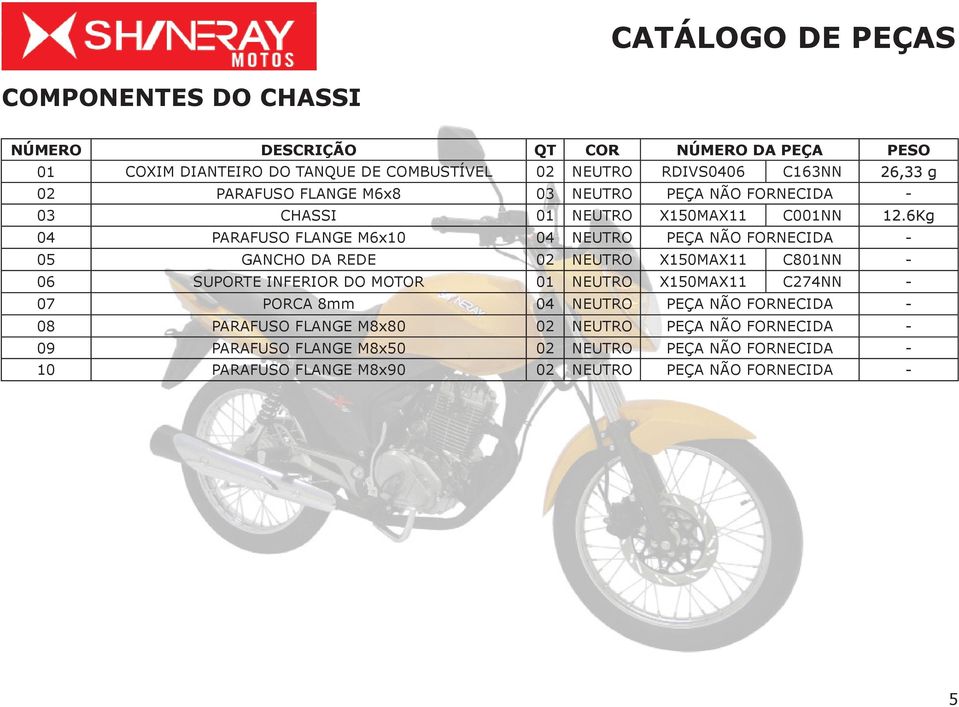 6Kg 04 PARAFUSO FLANGE M6x10 04 NEUTRO PEÇA NÃO FORNECIDA - 05 GANCHO DA REDE 02 NEUTRO X150MAX11 C801NN - 06 SUPORTE INFERIOR DO MOTOR 01 NEUTRO