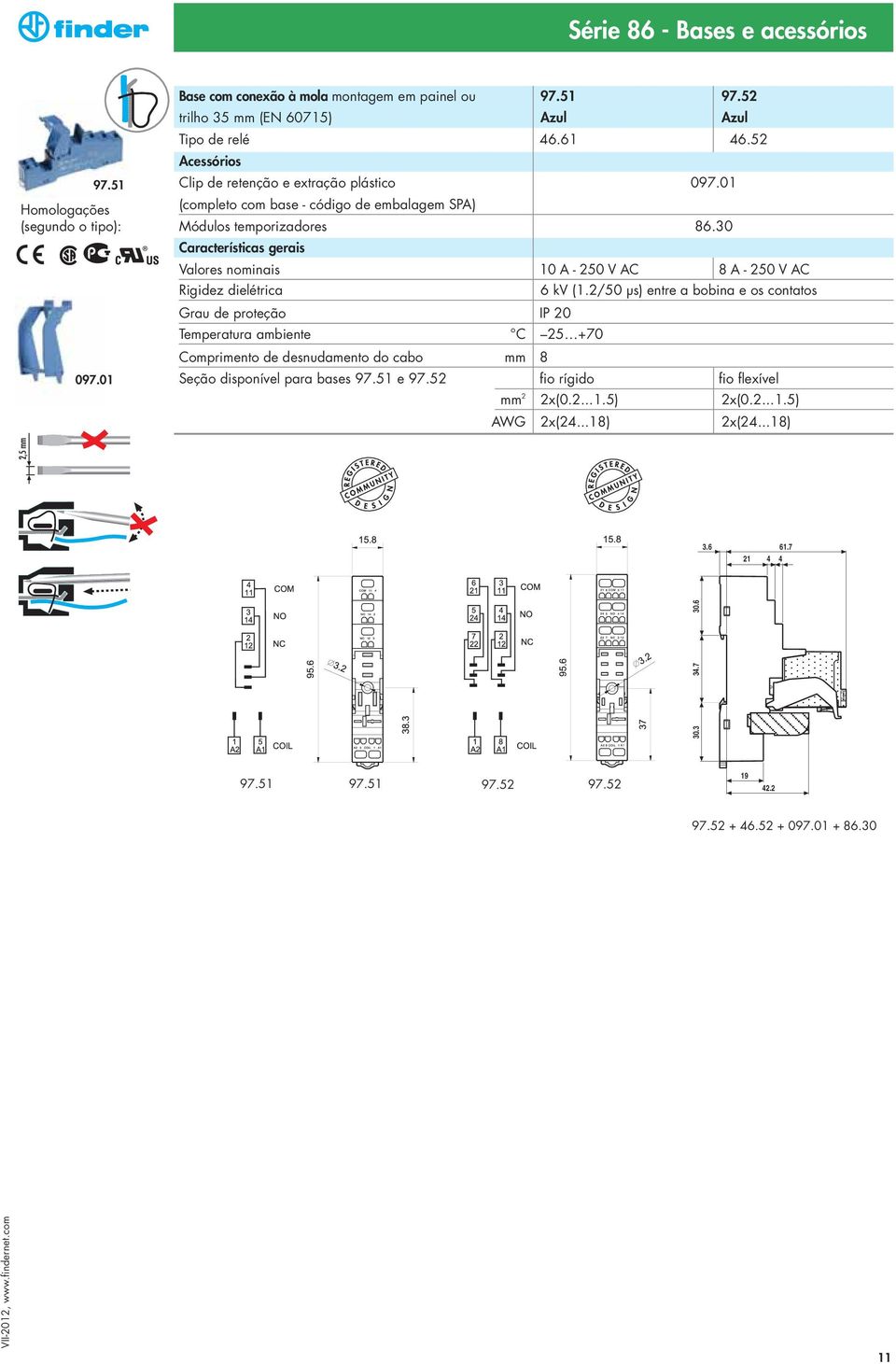 2/50 µs) entre a bobina e os contatos Temperatura ambiente C 25 +70 Comprimento de desnudamento do cabo mm 8 Seção disponível para bases 97.51 e 97.