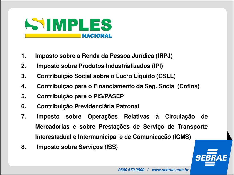 Contribuição para o PIS/PASEP 6. Contribuição Previdenciária Patronal 7.