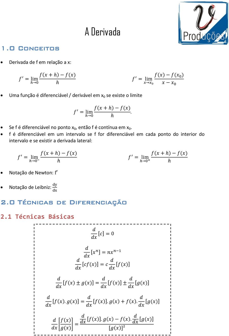 f é diferenciável em um intervalo se f for diferenciável em cada ponto do interior do intervalo e