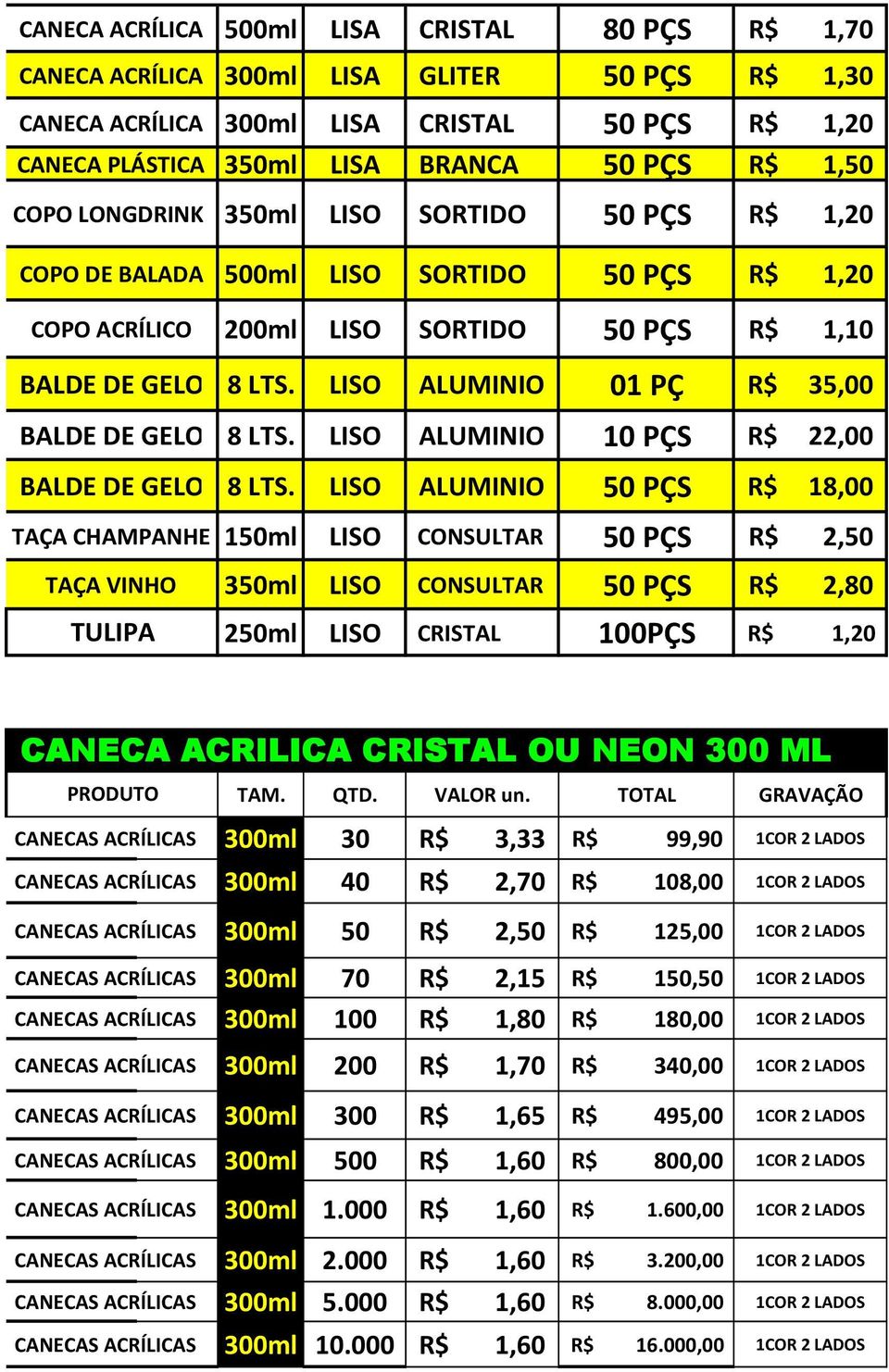 LISO ALUMINIO 01 PÇ R$ 35,00 BALDE DE GELO 8 LTS. LISO ALUMINIO 10 PÇS R$ 22,00 BALDE DE GELO 8 LTS.