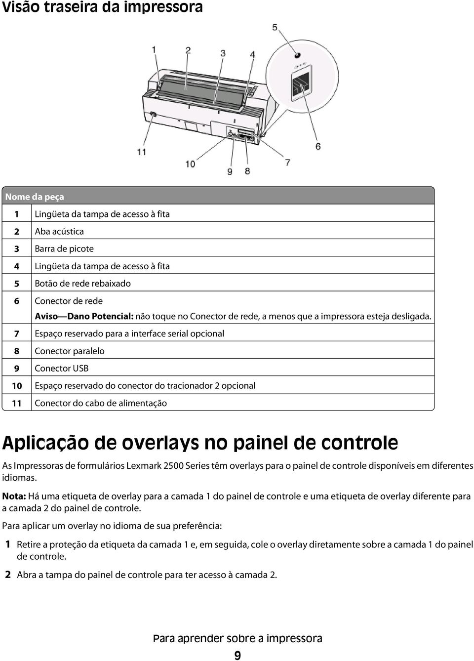 7 Espaço reservado para a interface serial opcional 8 Conector paralelo 9 Conector USB 10 Espaço reservado do conector do tracionador 2 opcional 11 Conector do cabo de alimentação Aplicação de