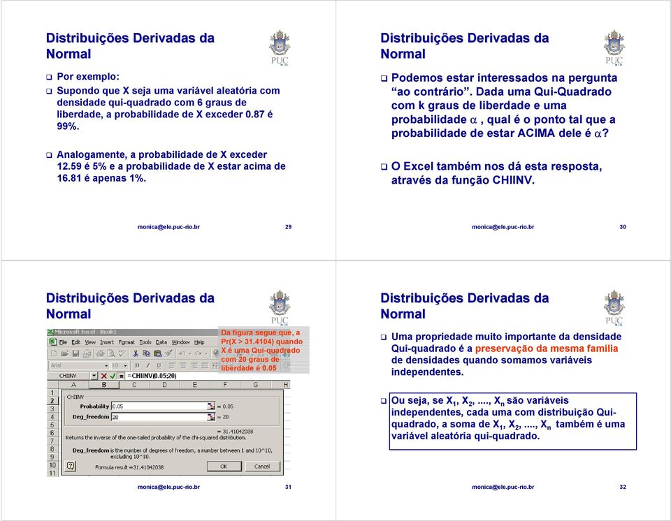 Dada uma Qui-Quadrado com k graus de liberdade e uma probabilidade α, qual é o ponto tal que a probabilidade de estar ACIMA dele é α? O Excel também nos dá esta resposta, através da função CHIINV.