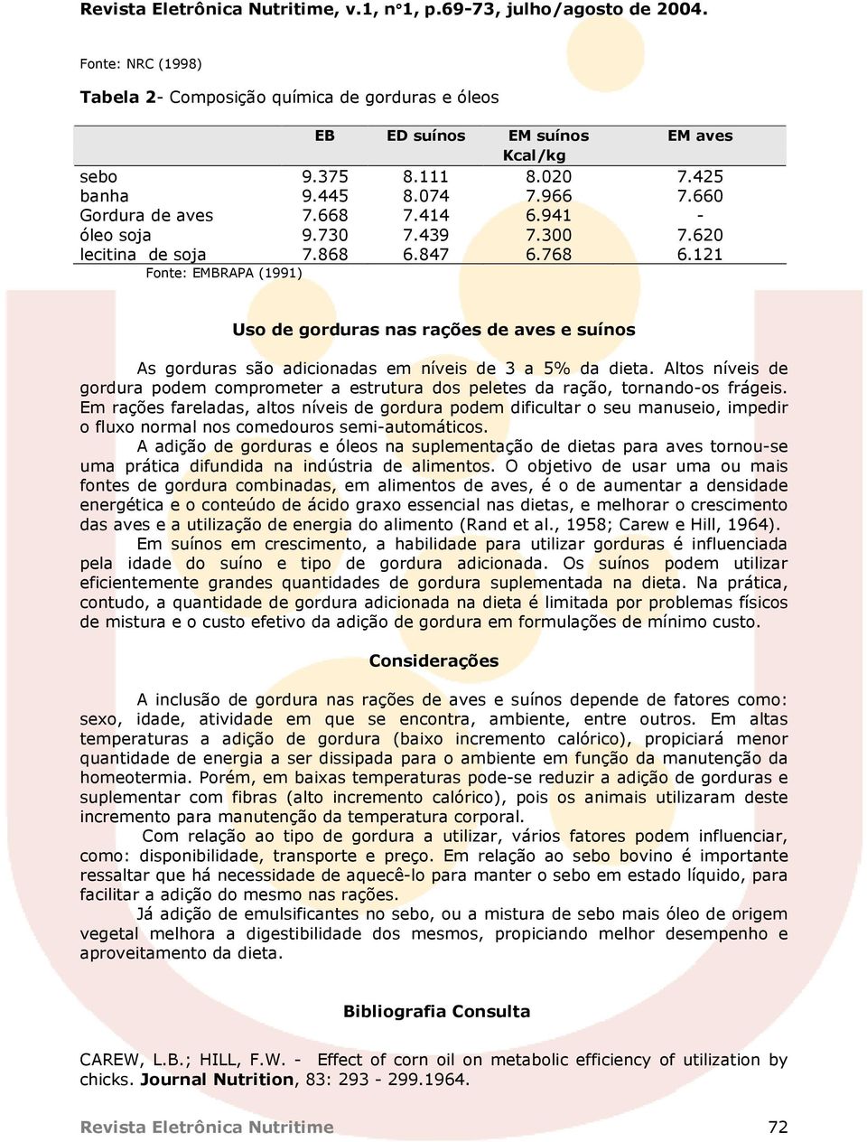 121 Fonte: EMBRAPA (1991) Uso de gorduras nas rações de aves e suínos As gorduras são adicionadas em níveis de 3 a 5% da dieta.