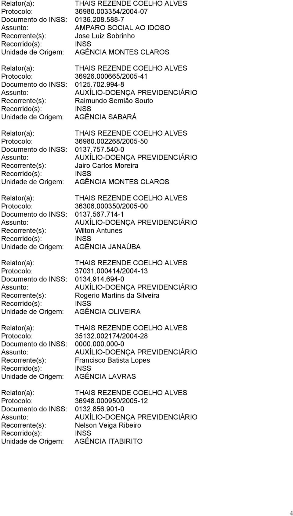 540-0 Recorrente(s): Jairo Carlos Moreira Unidade de Origem: AGÊNCIA MONTES CLAROS Protocolo: 36306.000350/2005-00 Documento do INSS: 0137.567.