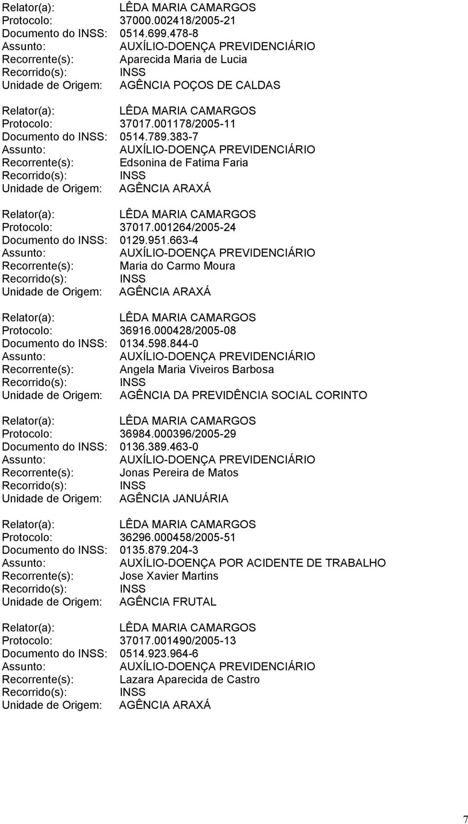 663-4 Recorrente(s): Maria do Carmo Moura Protocolo: 36916.000428/2005-08 Documento do INSS: 0134.598.