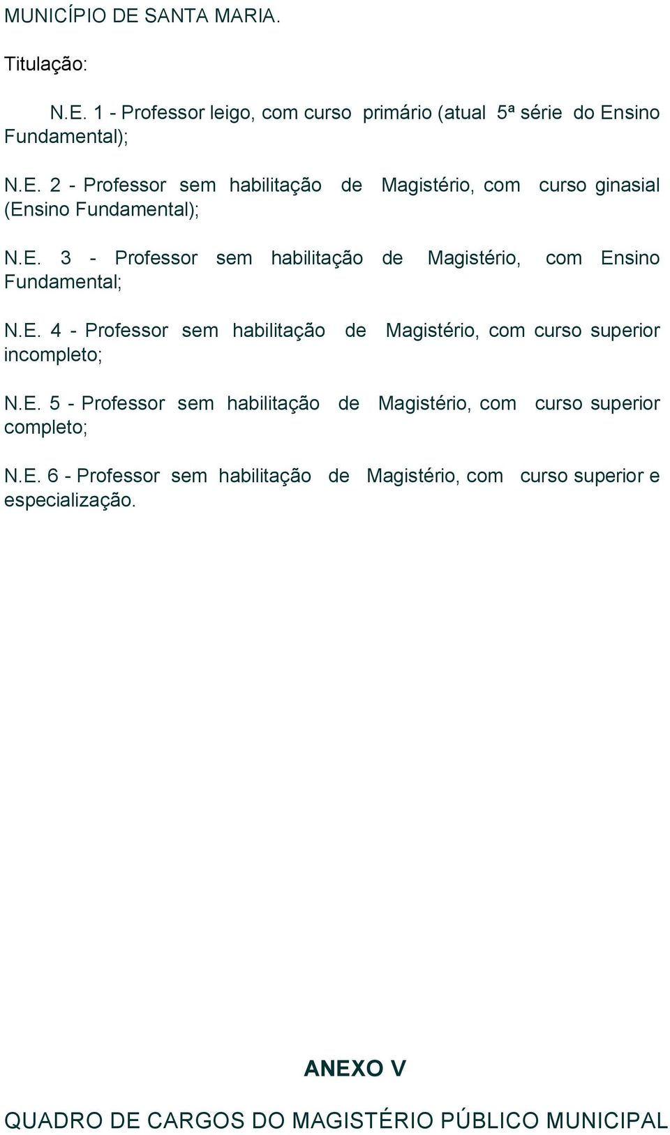 E. 5 - Professor sem habilitação de Magistério, com curso superior completo; N.E. 6 - Professor sem habilitação de Magistério, com curso superior e especialização.