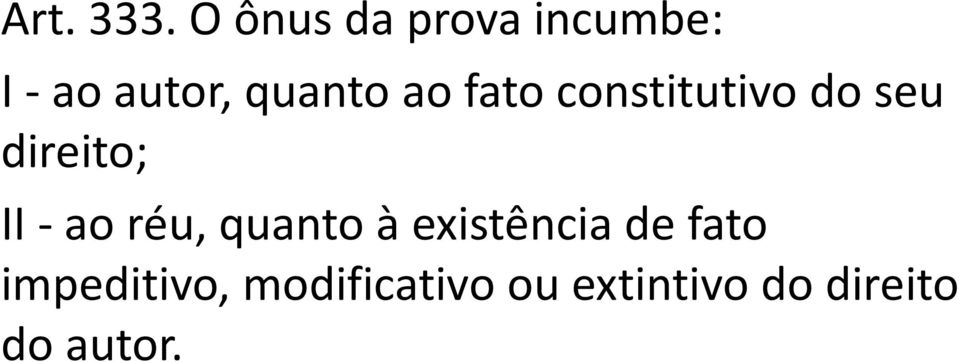 fato constitutivo do seu direito; II -ao réu,