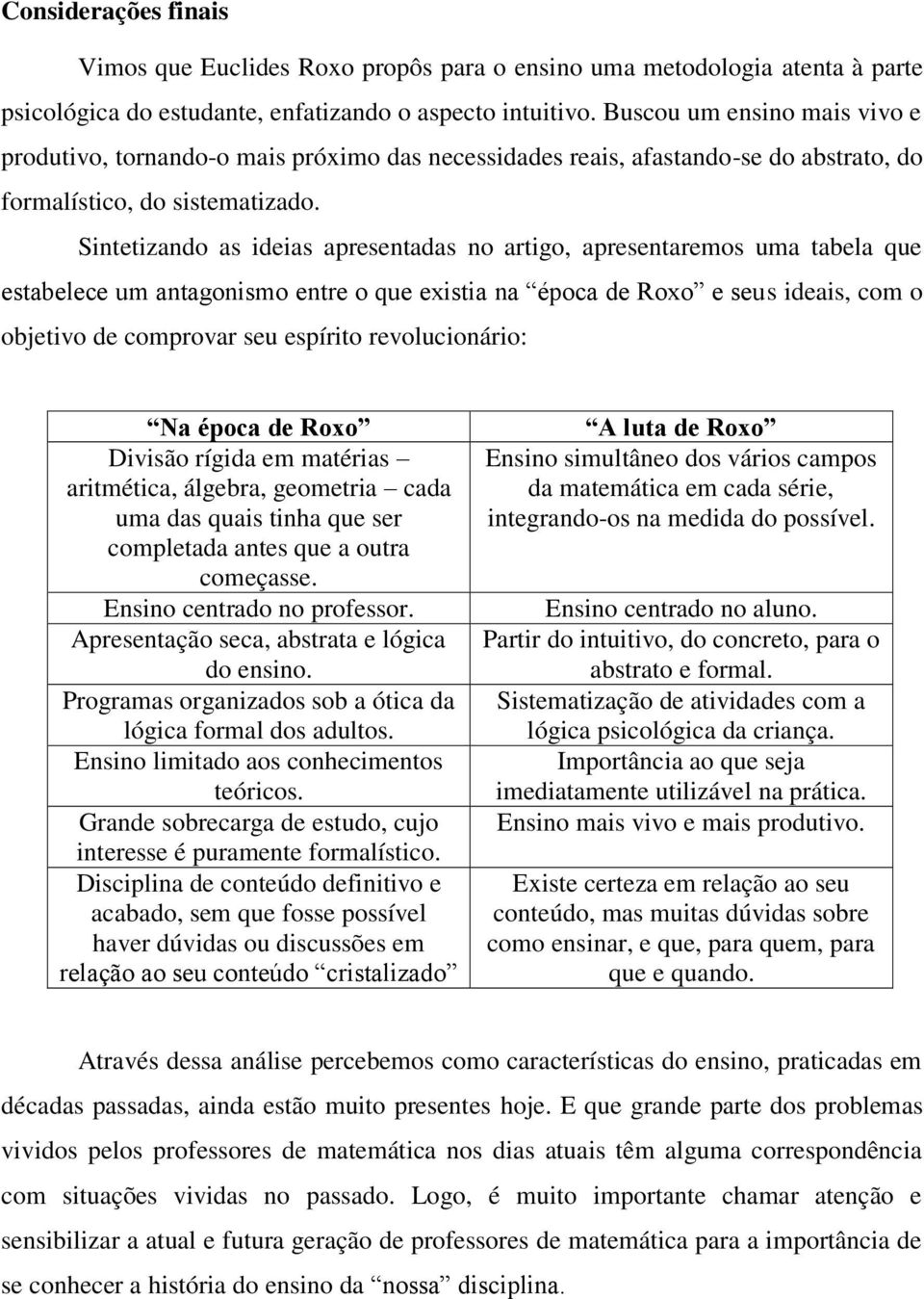 Sintetizando as ideias apresentadas no artigo, apresentaremos uma tabela que estabelece um antagonismo entre o que existia na época de Roxo e seus ideais, com o objetivo de comprovar seu espírito