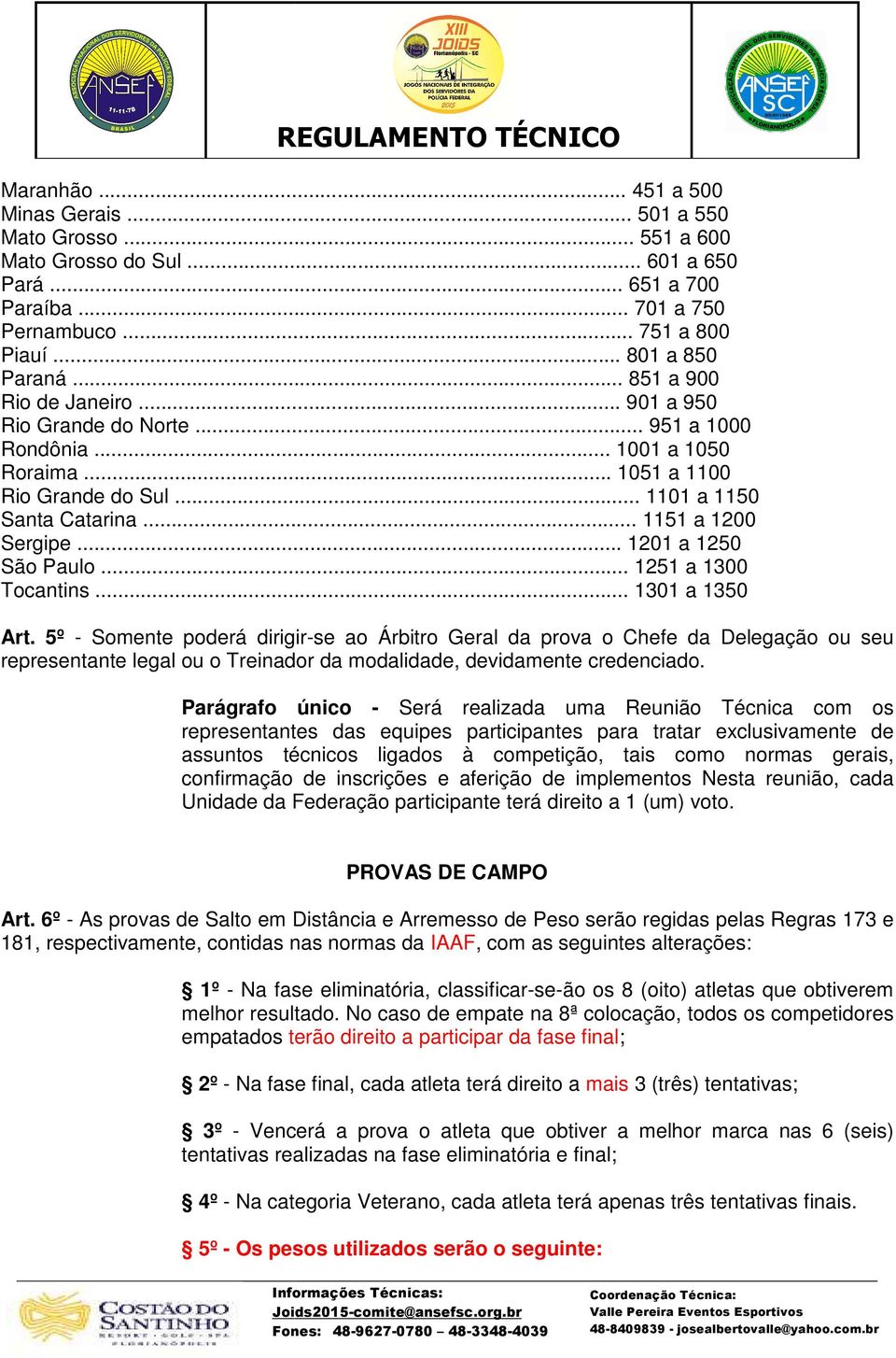 .. 1201 a 1250 São Paulo... 1251 a 1300 Tocantins... 1301 a 1350 Art.