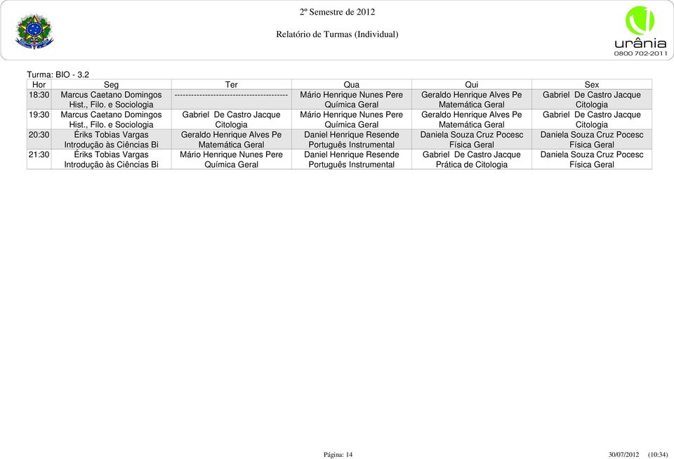 e Sociologia Citologia Química Geral Matemática Geral Citologia 20:30 Ériks Tobias Vargas Geraldo Henrique Alves Pe Daniel Henrique Resende Daniela Souza Cruz Pocesc Daniela Souza Cruz Pocesc