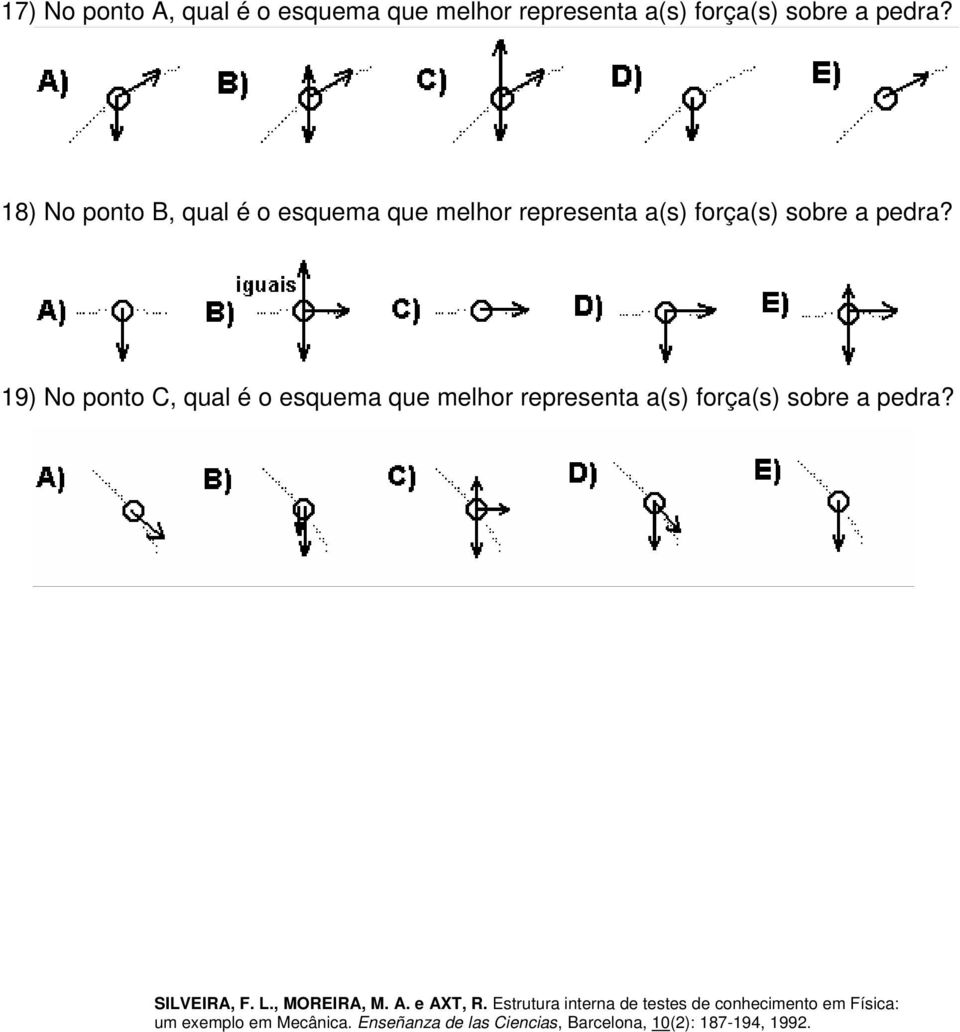 19) No ponto C, qual é o esquema que melhor representa a(s) força(s) sobre a pedra? SILVIR, F. L.