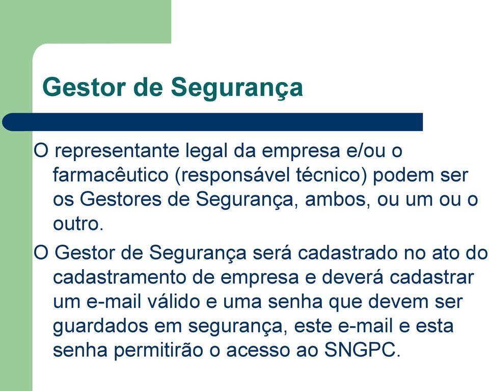 O Gestor de Segurança será cadastrado no ato do cadastramento de empresa e deverá cadastrar