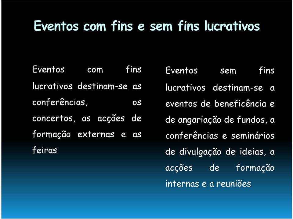 fins lucrativos destinam-se a eventos de beneficência e de angariação de fundos, a