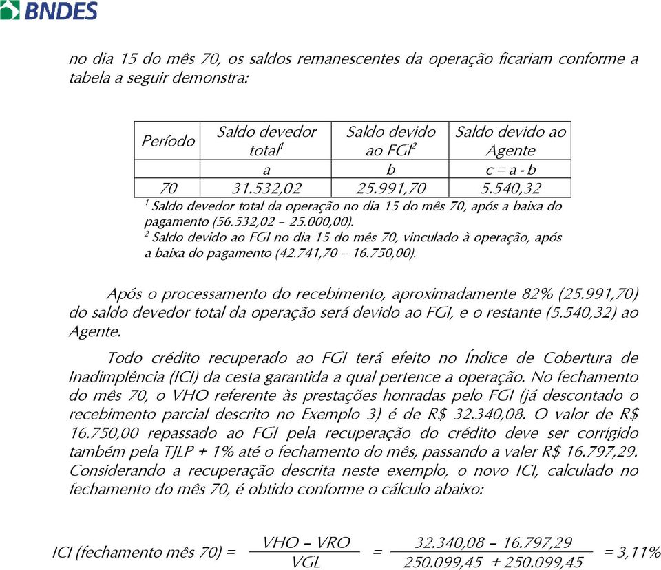 Saldo devido ao FGI no dia 5 do mês 70, vinculado à operação, após a baixa do pagamento (4.74,70 6.750,00). Após o processamento do recebimento, aproximadamente 8% (5.