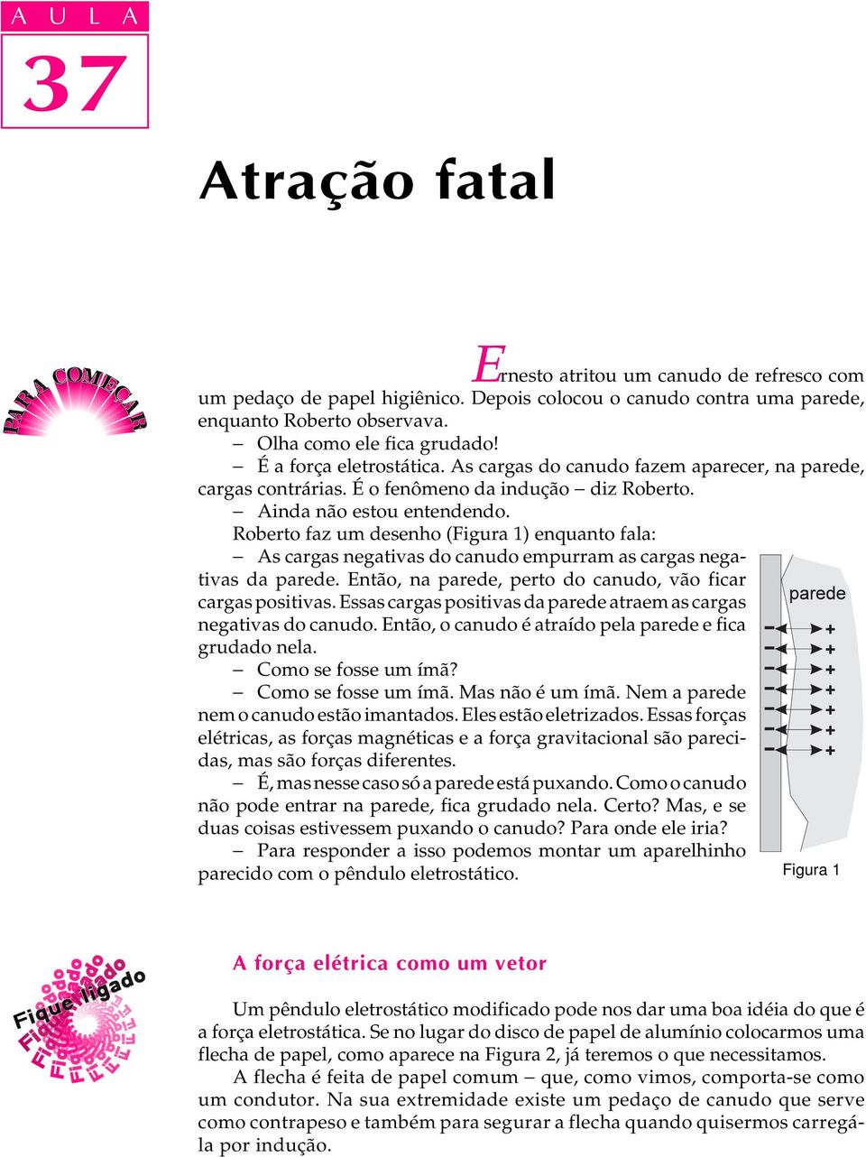 Roberto faz um desenho (Figura 1) enquanto fala: - As cargas negativas do canudo empurram as cargas negativas da parede. Então, na parede, perto do canudo, vão ficar cargas positivas.