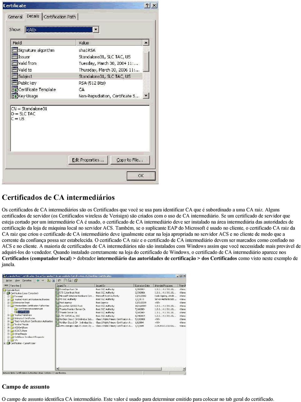 Se um certificado de servidor que esteja cortado por um intermediário CA é usado, o certificado de CA intermediário deve ser instalado na área intermediária das autoridades de certificação da loja de