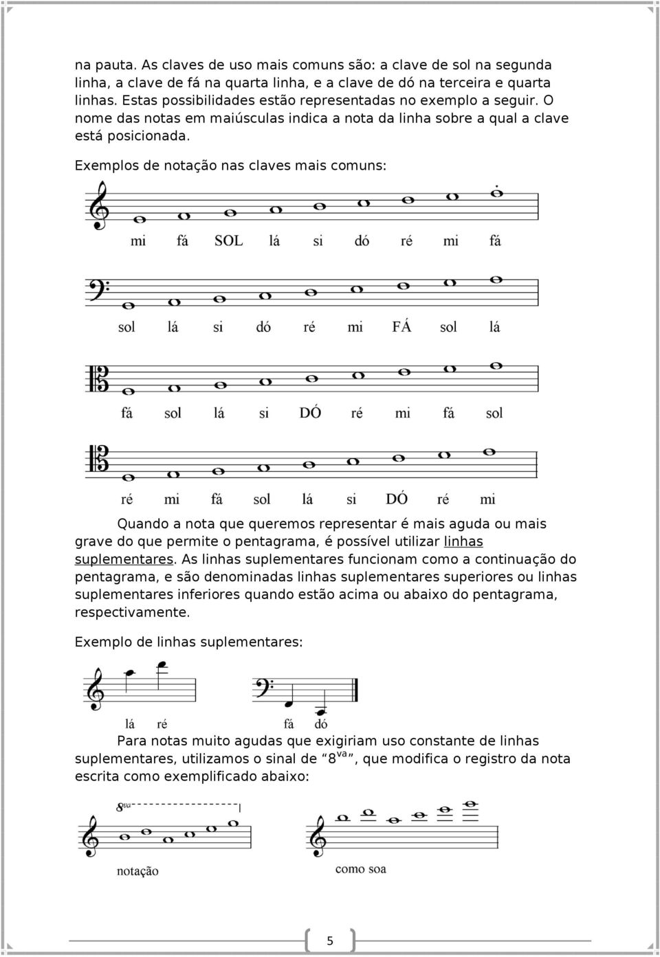Exemplos de notação nas claves mais comuns: Quando a nota que queremos representar é mais aguda ou mais grave do que permite o pentagrama, é possível utilizar linhas suplementares.