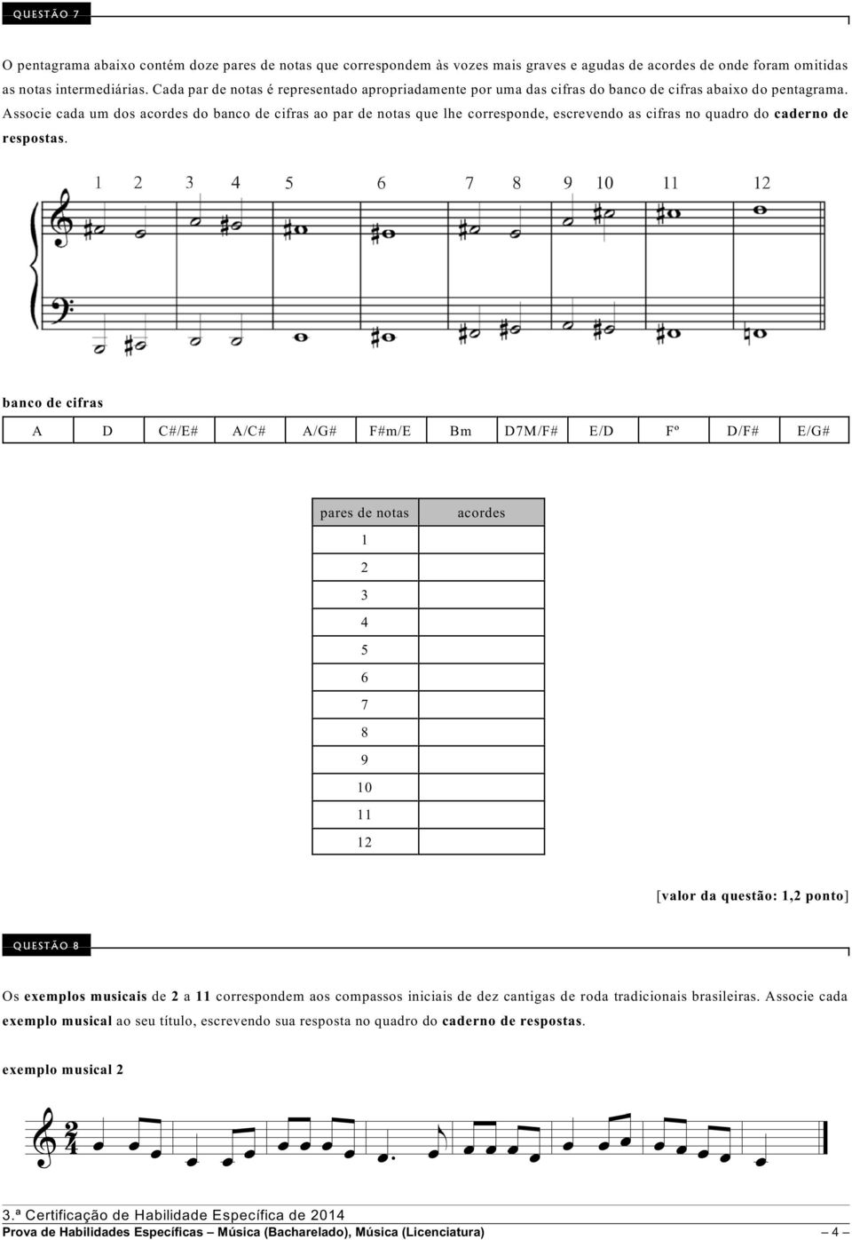 Associe cada um dos acordes do banco de cifras ao par de notas que lhe corresponde, escrevendo as cifras no quadro do caderno de respostas.