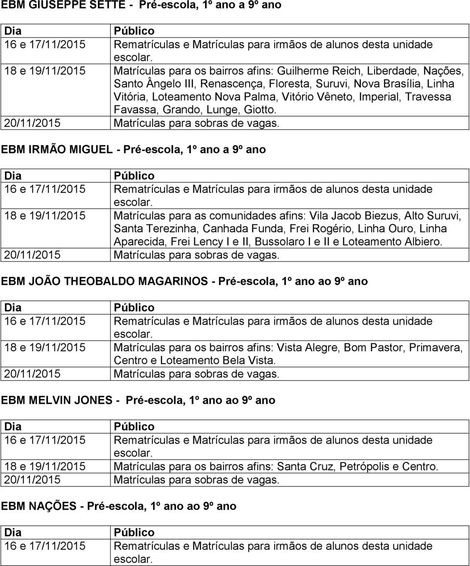 EBM IRMÃO MIGUEL - Pré-escola, 1º ano a 9º ano 18 e 19/11/2015 Matrículas para as comunidades afins: Vila Jacob Biezus, Alto Suruvi, Santa Terezinha, Canhada Funda, Frei Rogério, Linha Ouro, Linha