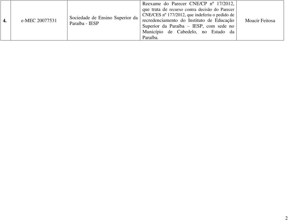 177/2012, que indeferiu o pedido de recredenciamento do Instituto de Educação