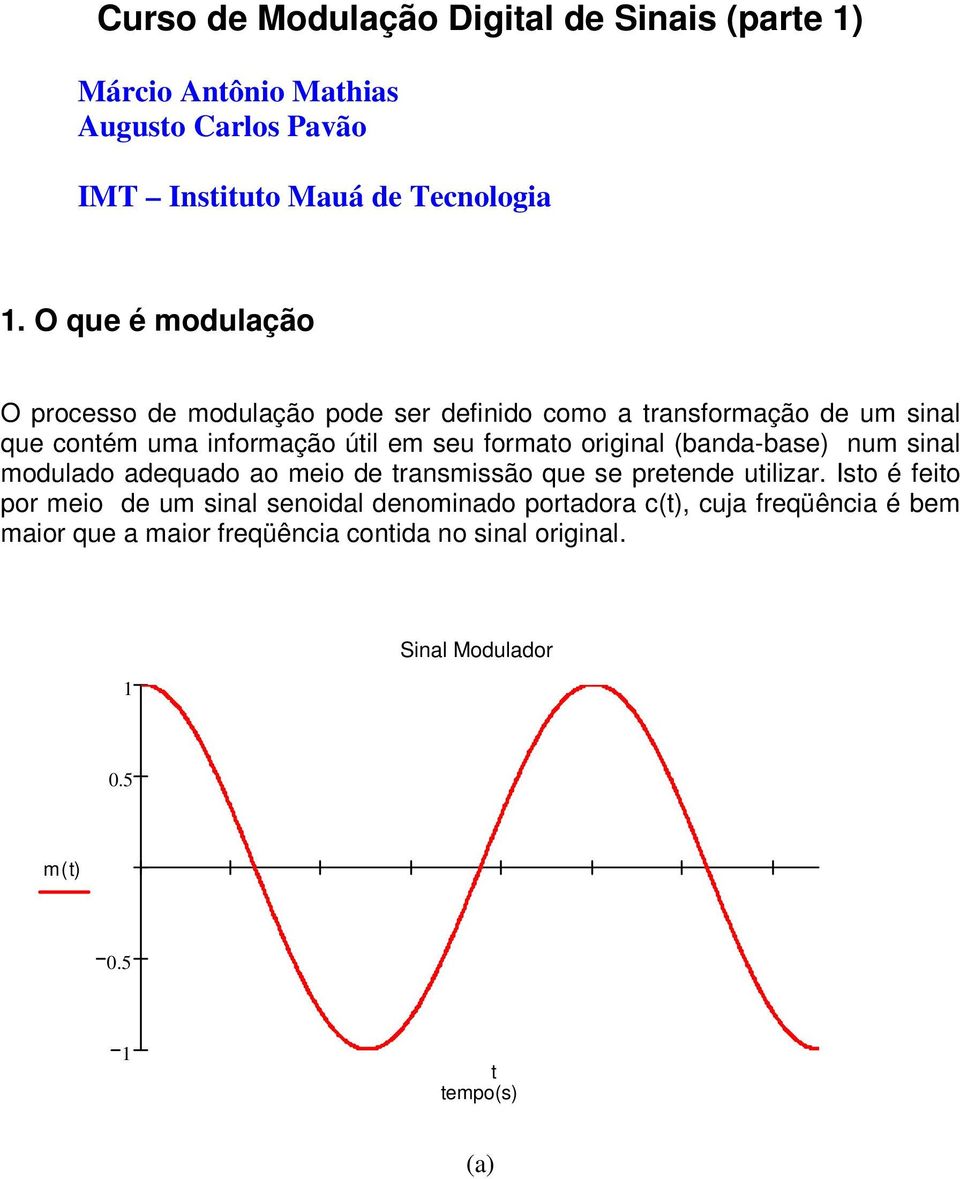 formao original (banda-base) num sinal modulado adequado ao meio de ransmissão que se preende uilizar.